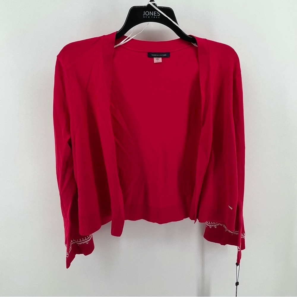 Tommy Hilfiger woman’s large cropped cardigan embroidered bell sleeves pink